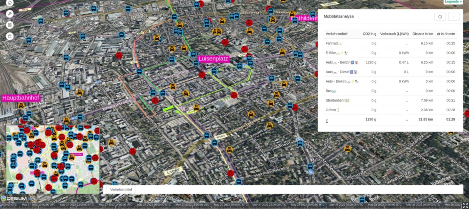 Digitaler Zwilling Darmstadt: Das eigene Mobilitätsverhalten analysieren und den CO2-Fußabdruck berechnen. (Visualisierungsanwendung: Fraunhofer IGD, Daten: Wissenschaftsstadt Darmstadt, TU Darmstadt)