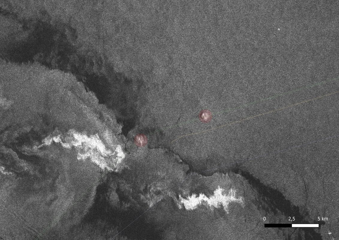 Zwei der vier Gas­lecks in der Ost­see an der Pipe­line Nord Stream 1. Credit: Copernicus, ESA, DLR (Beinhaltet modifizierte Copernicus Sentinel-Daten [2022] für Sentinel-1