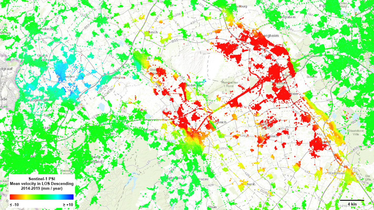 Boden- und Grundwasserabsenkungen im Rheinischen Braunkohlerevier. Bild: Contains modified Copernicus Sentinel data (2014–19), processed by BGR (2020)