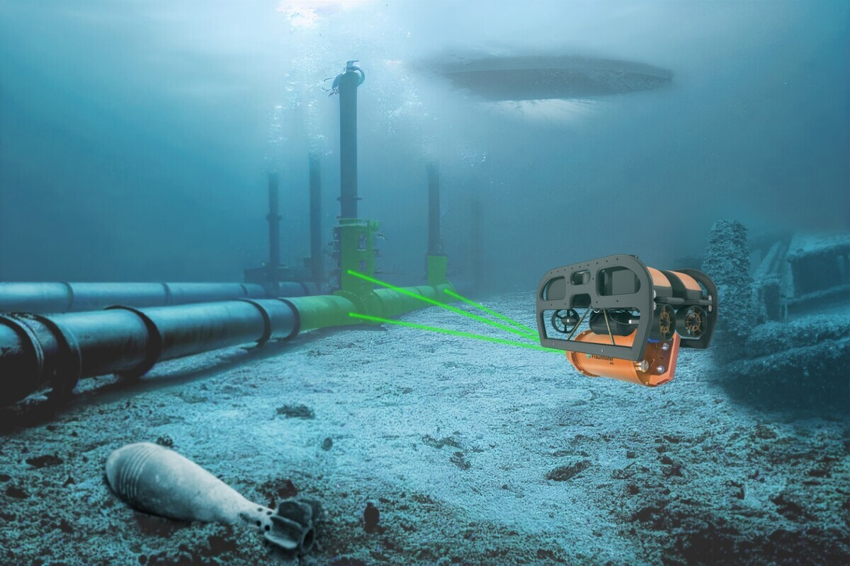 Offshore-Windenergieanlagen, Bohrinseln, Pipelines oder Seekabel – optische Sensoren ermöglichen ein effizientes Zustandsmonitoring von Infrastruktur unter Wasser.  © Bildmontage: Fraunhofer IPM