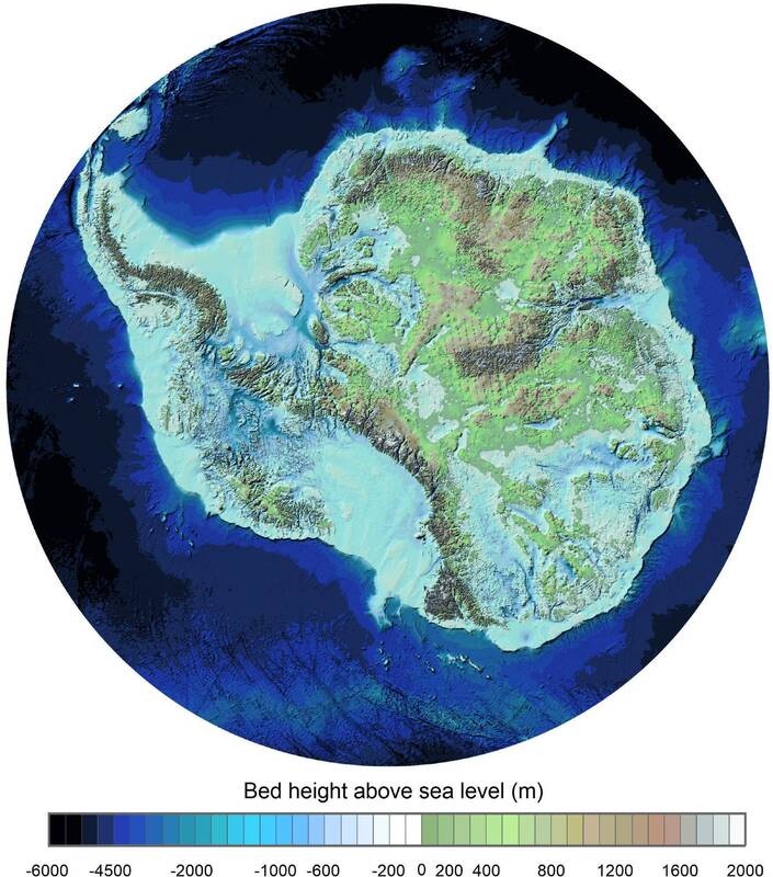 Topographie der Antarktis (Grafik: Bedmap3 Pritchard et al. (Scientific Data, 2025)) 