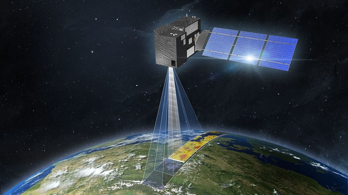 Künstlerische Darstellung eines CO2M-Satelliten: Für die Mission werden drei dieser Erdbeobachtungssatelliten im Weltraum unterwegs sein. © OHB 