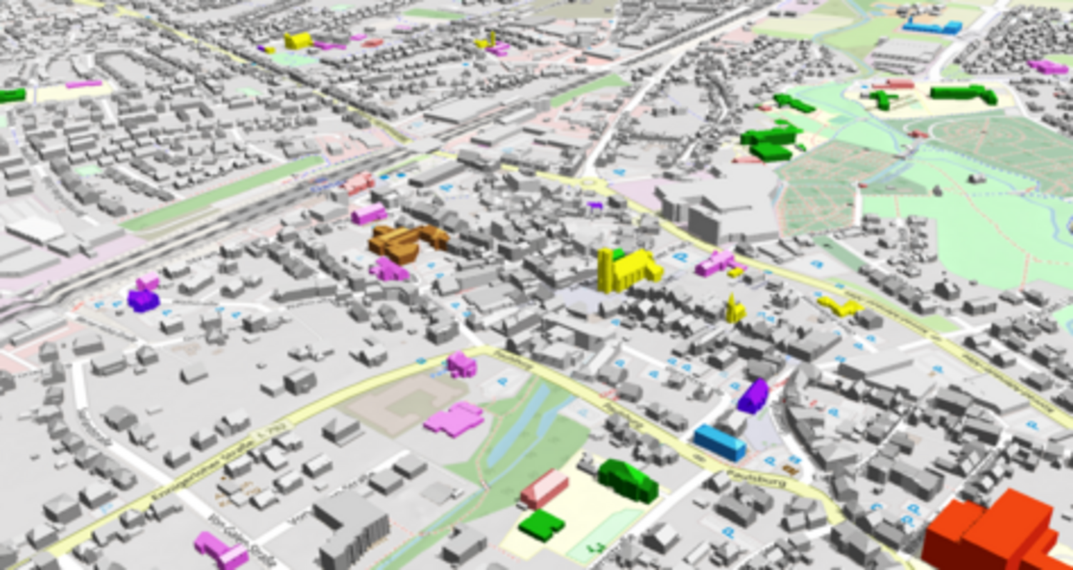 Ansicht des 3D-Stadtmodells der Stadt Oelde, welches eine Fläche von mehr als einhundert Quadratkilometern umfasst. Die unterschiedlichen Gebäudearten werden durch eine farbige Darstellung sichtbar gemacht. (Karte: Justus Strothoff) 