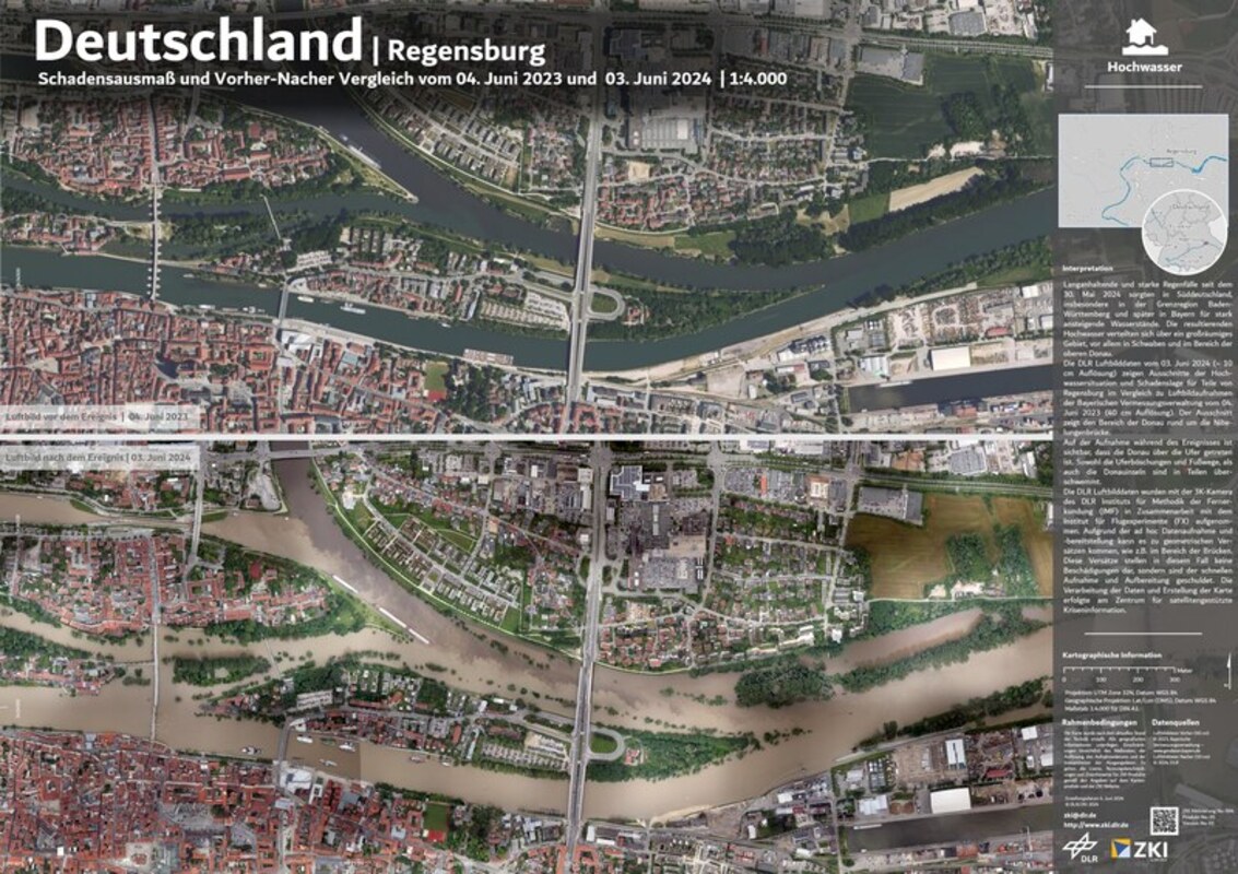 Vorher-Nachher: Hochwasserlage Regensburg. Bild © DLR/ZKI 2024